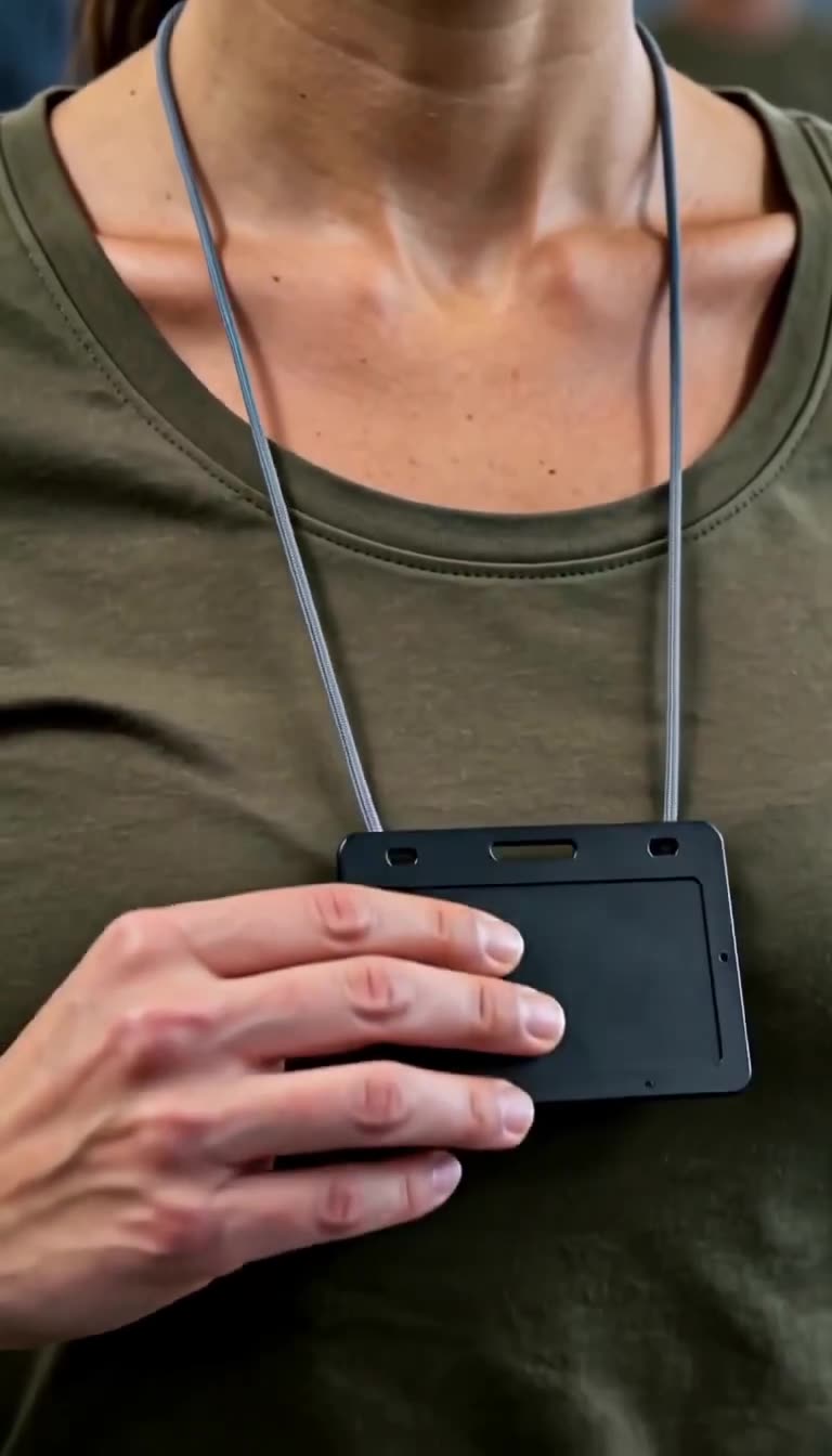 Close-up of Léa pulling a high-clearance black identity card from beneath her collar onto her chest.
