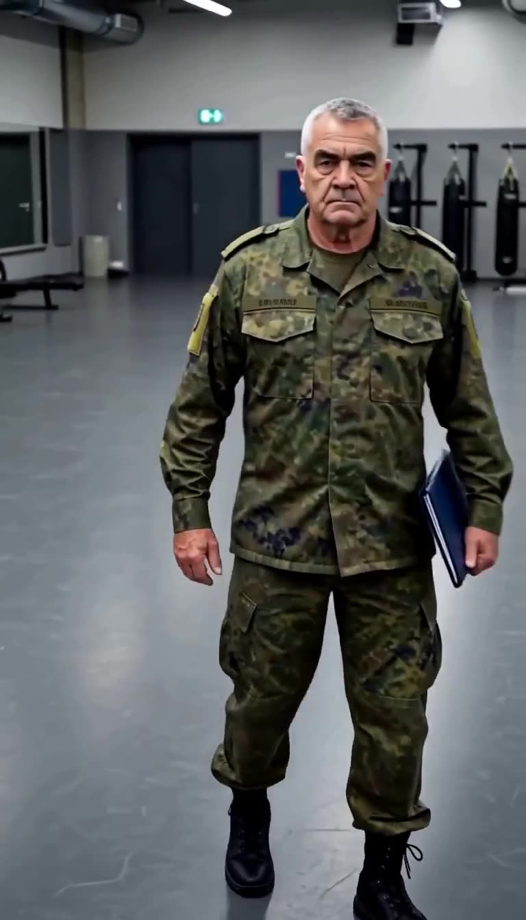 Ein ranghoher Kommandeur betritt mit ernster Miene und einer Einsatzakte die Trainingshalle.