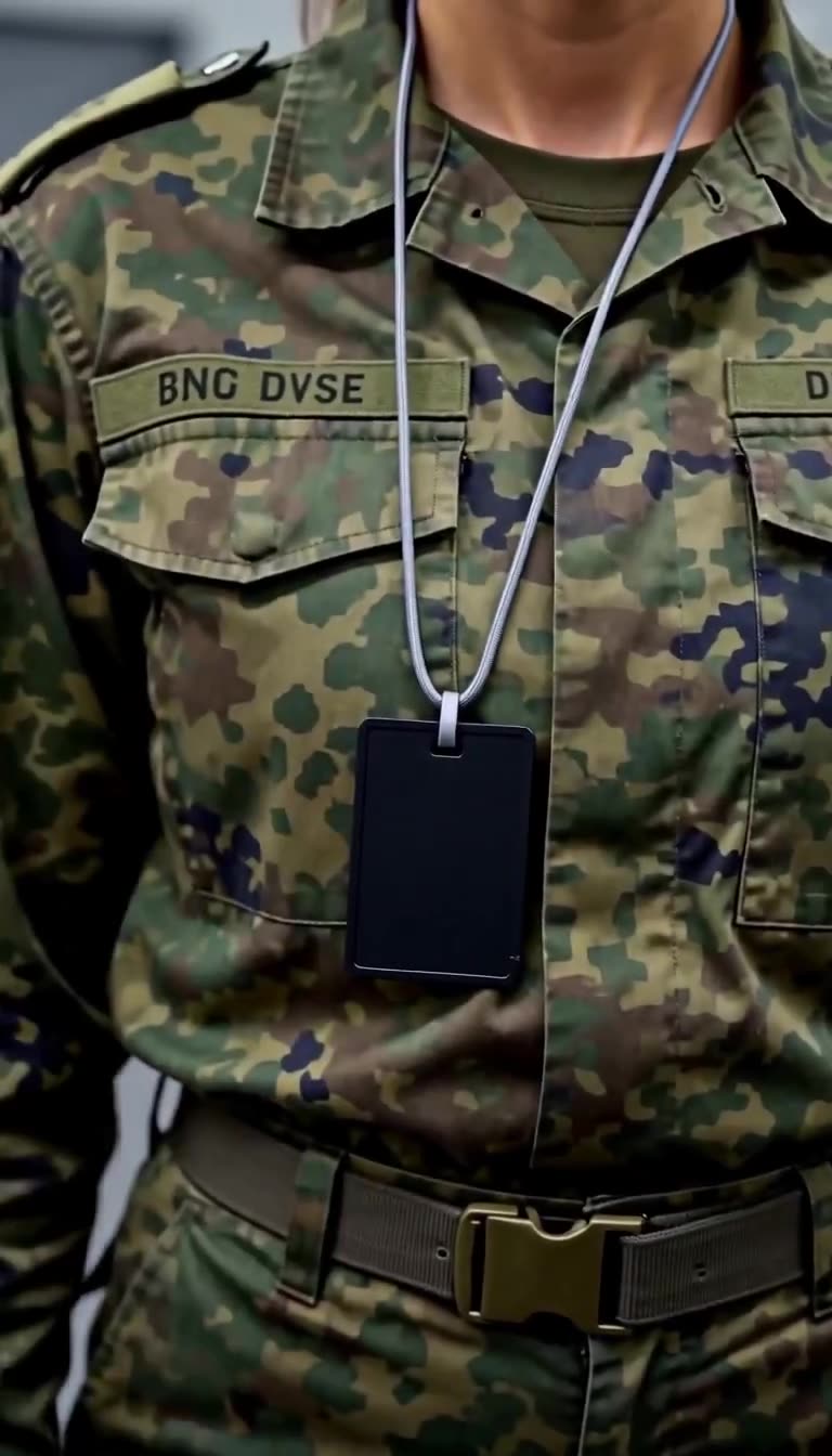Lena enthüllt ihre geheime Autorisierungskarte, die an einer grauen Schnur auf ihrer Flecktarn-Uniform ruht.