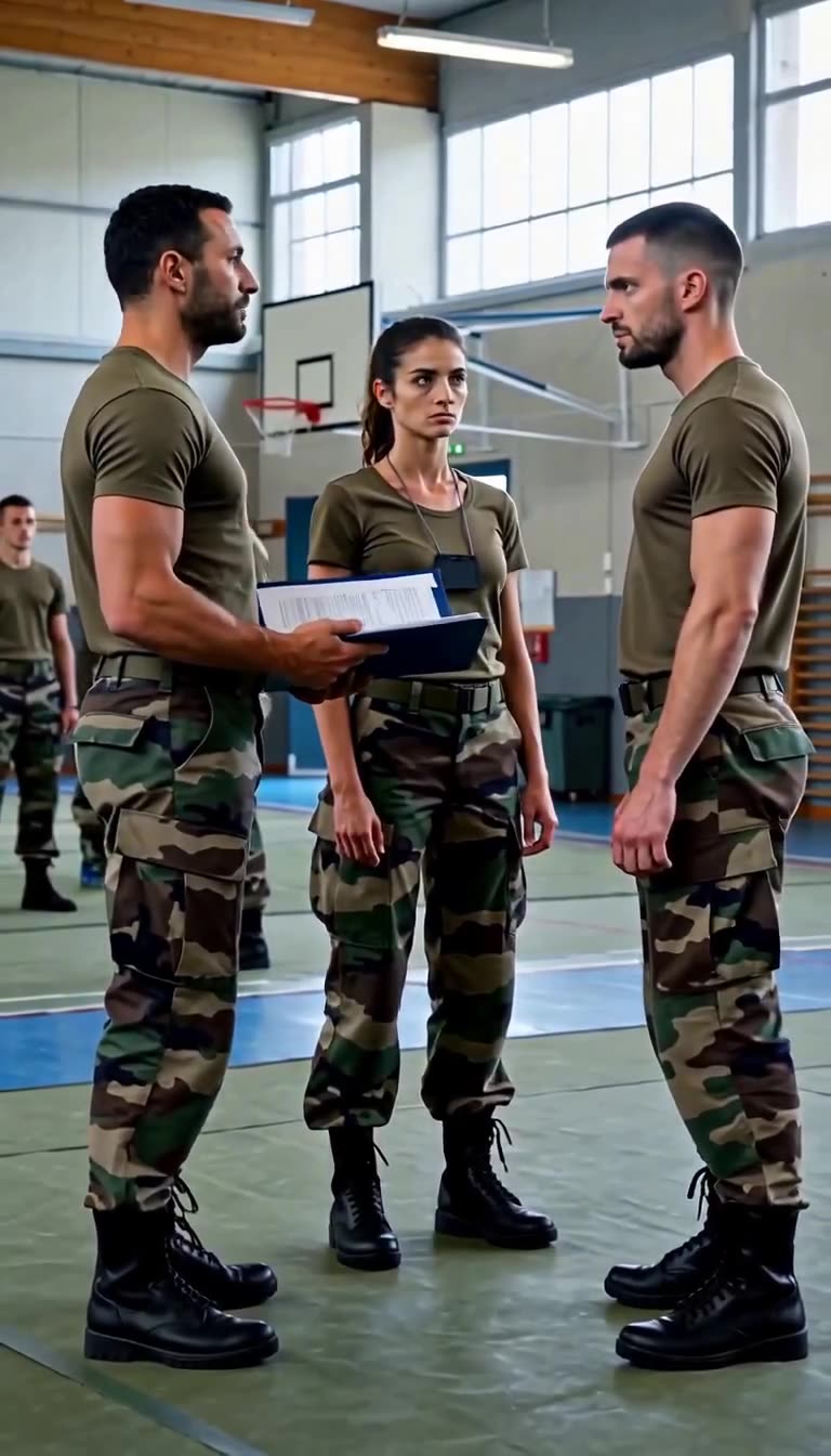 Philippe presents personnel files between Léa and Julien on the gym floor.