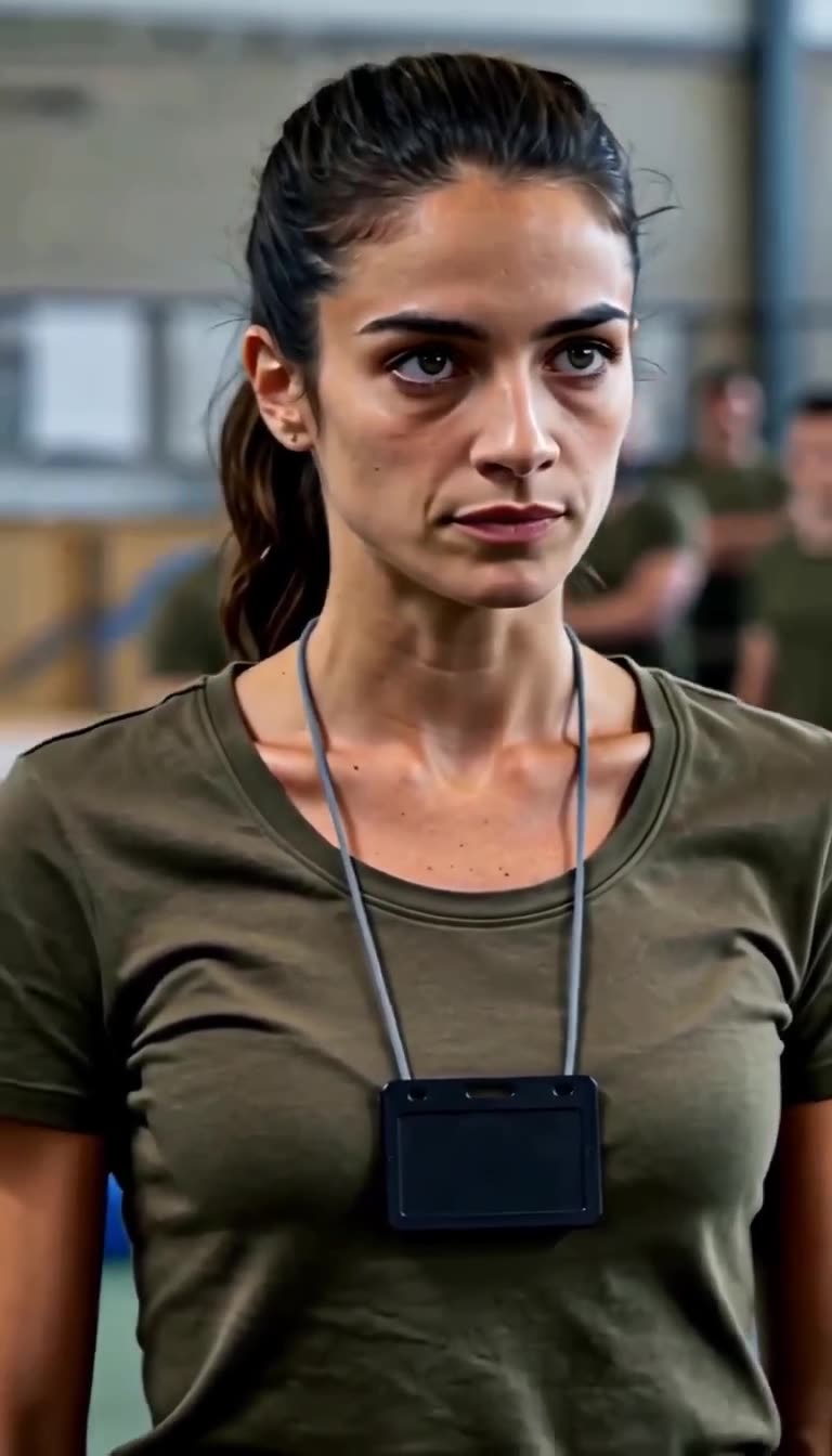 The fierce and unyielding expression of the female recruit staring forward with intense focus