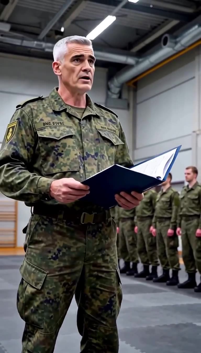 Hauptmann Dieter verkündet mit geöffneter Akte den unmissverständlichen Befehl vor den Rekruten.
