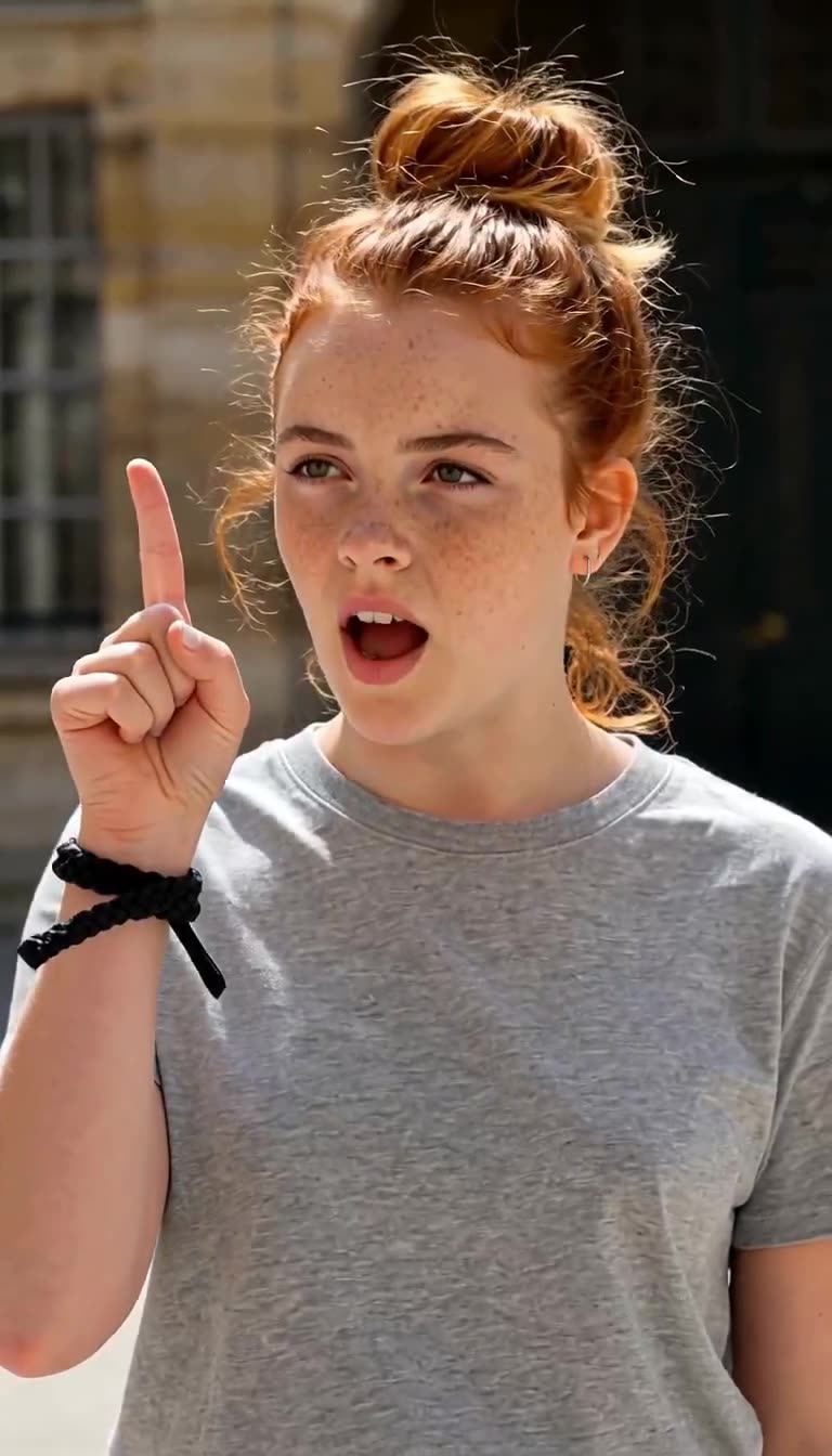 Camille calmly raises her index finger and black wristband, delivering a quiet warning countdown.