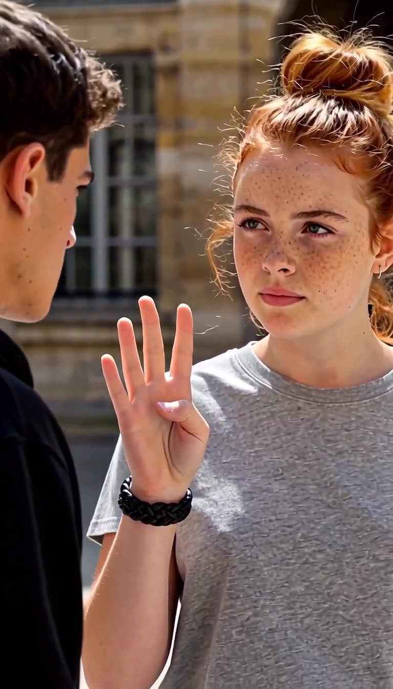 A close-up of Camille calmly extending three fingers while Maxime glares with clenched teeth.