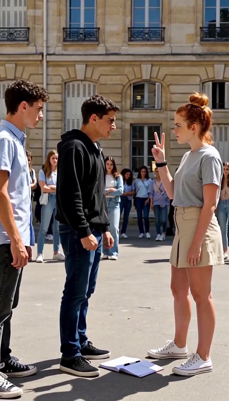Maxime confronts Camille across the courtyard as onlookers watch their tense standoff.