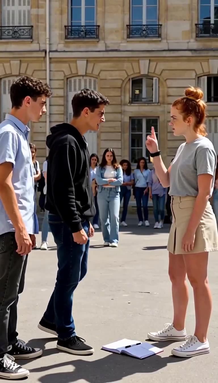 The young woman holds up one finger, giving a warning to the hostile bully while classmates look on.