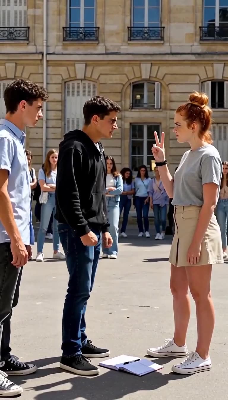 Raising two fingers for a second warning, the calm student stands her ground as the confrontation escalates.