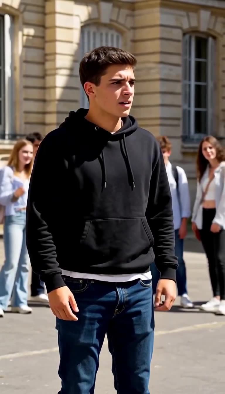 Maxime turns around stunned and off-balance in his black hoodie after swinging into thin air