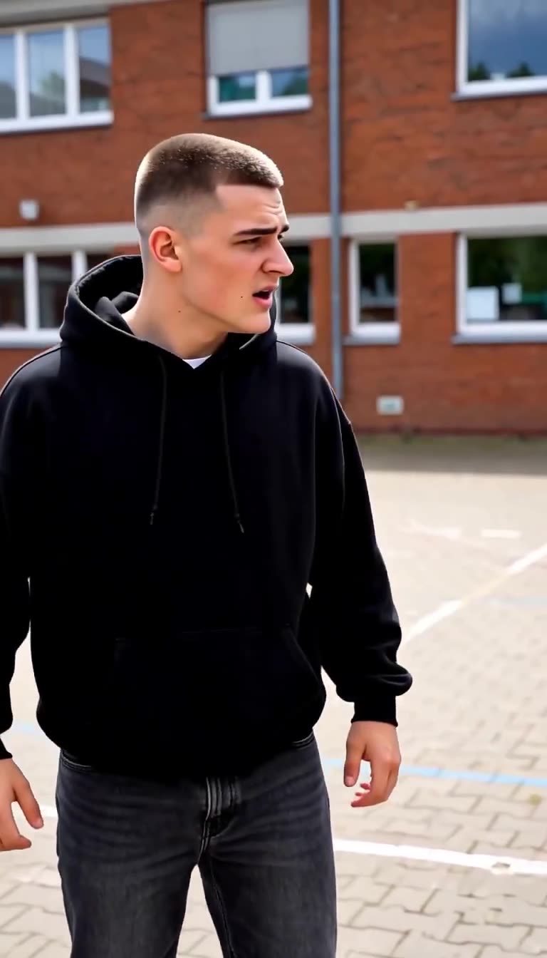 Lukas dreht sich mit verblüfftem und fassungslosem Blick nach dem verpatzten Angriff auf dem Hof um.