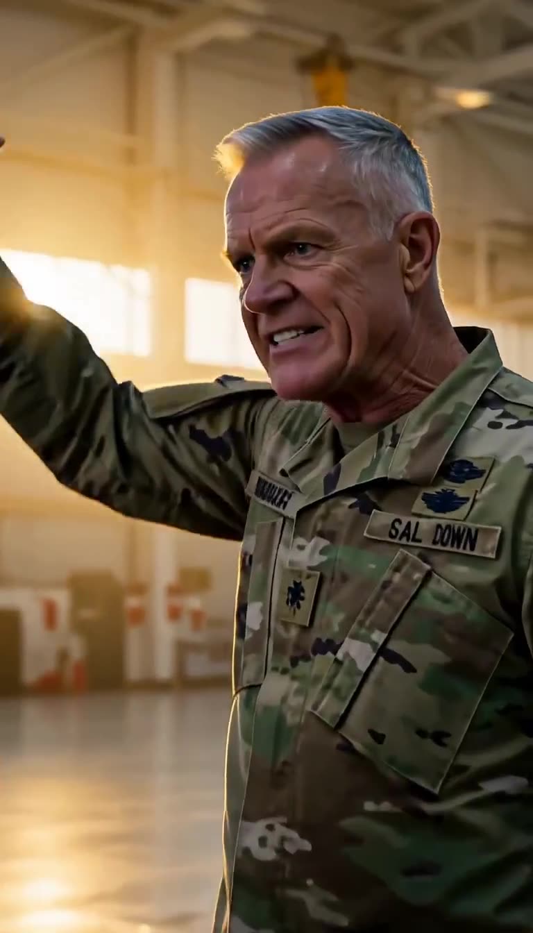 General Ward shouts with an outstretched hand, commanding his soldiers to halt the drill