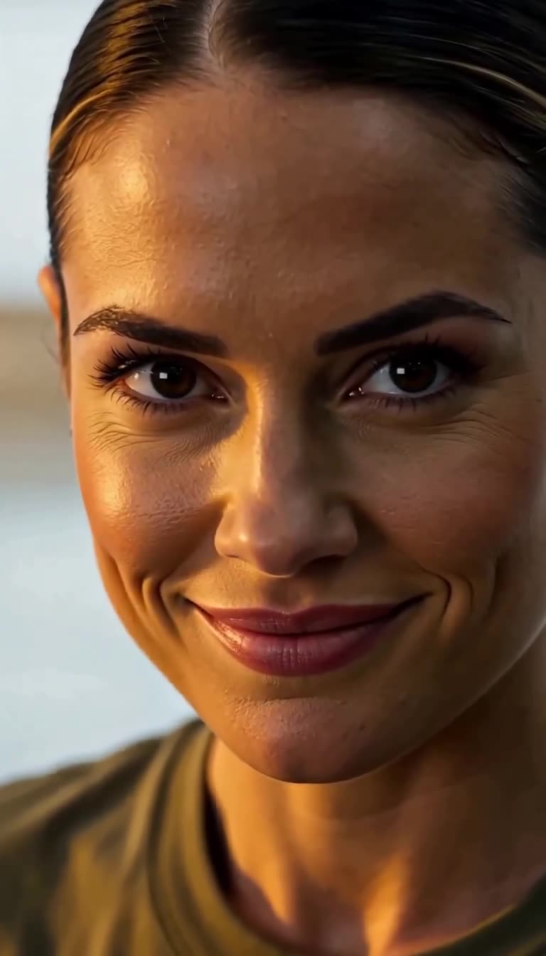Close-up of Claire Morgan smiling subtly with piercing dark eyes following the confrontation