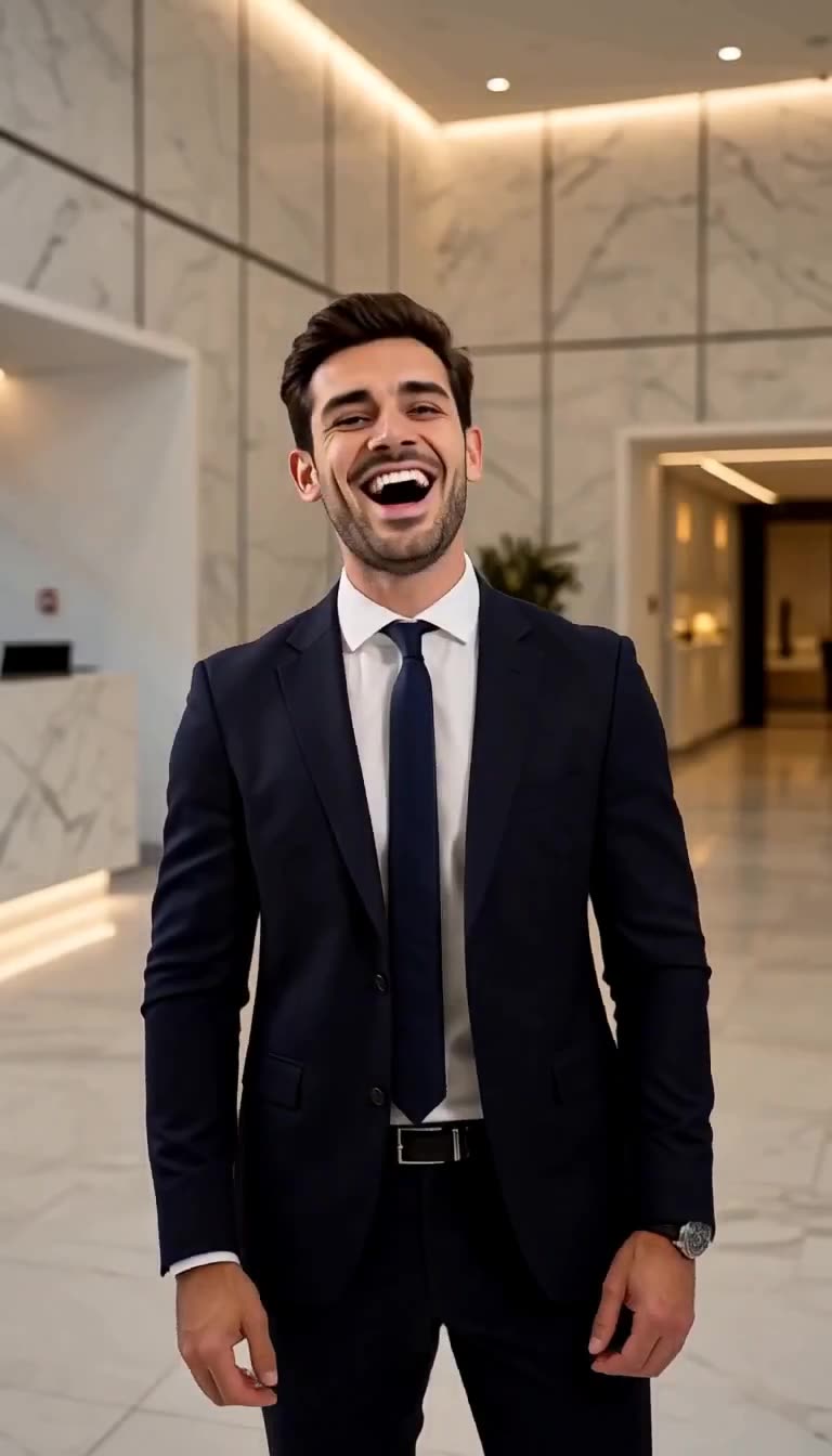 Julien laughing mockingly in a tailored suit in the lobby