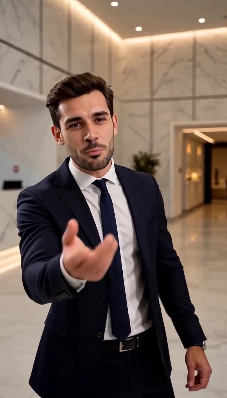 Julien gesturing condescendingly while blocking the visitor's path