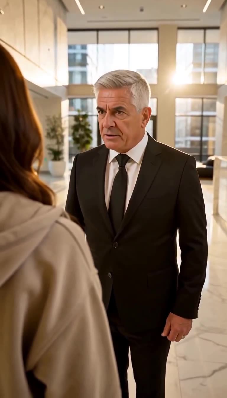Close-up of Henri in a tailored suit speaking with intense authority in the corporate lobby