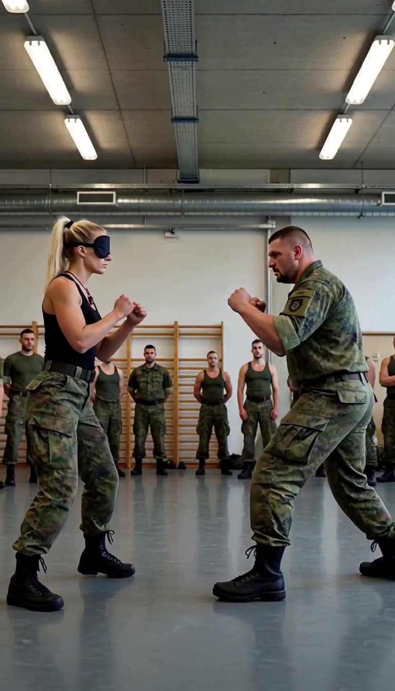 Lukas fixiert die blindlings lauernde Lena vor angetretenen Rekruten an der Hallenwand