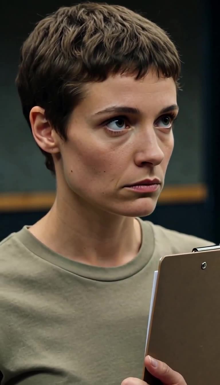 A tight close-up of Camille glaring resolutely with tightened jaw and steady gaze.