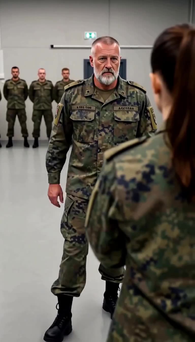 Ausbilder Thomas tritt mit strengem Blick vor, während Lena im Vordergrund die Distanz hält.