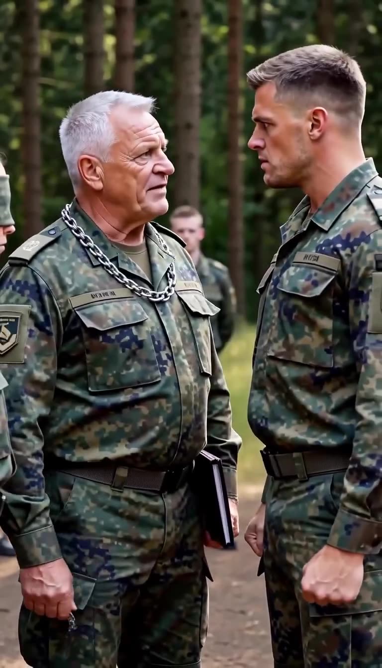 Markus mustert Feldwebel Lukas aus nächster Nähe mit finsterem Blick