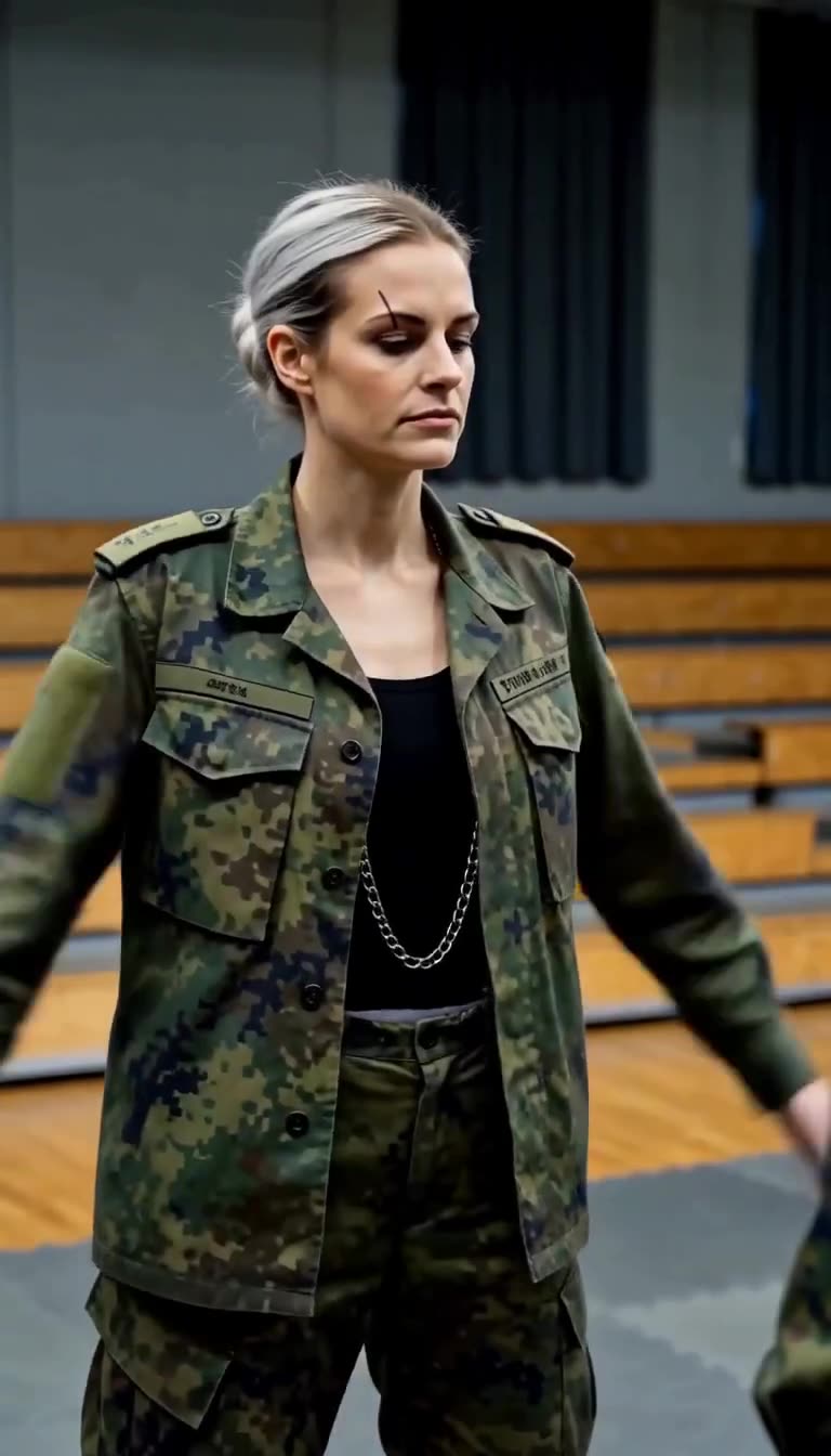 Nahaufnahme von Katharina mit Narbe an der Augenbraue, wie sie die Arme senkt und Markus ruhig mustert.