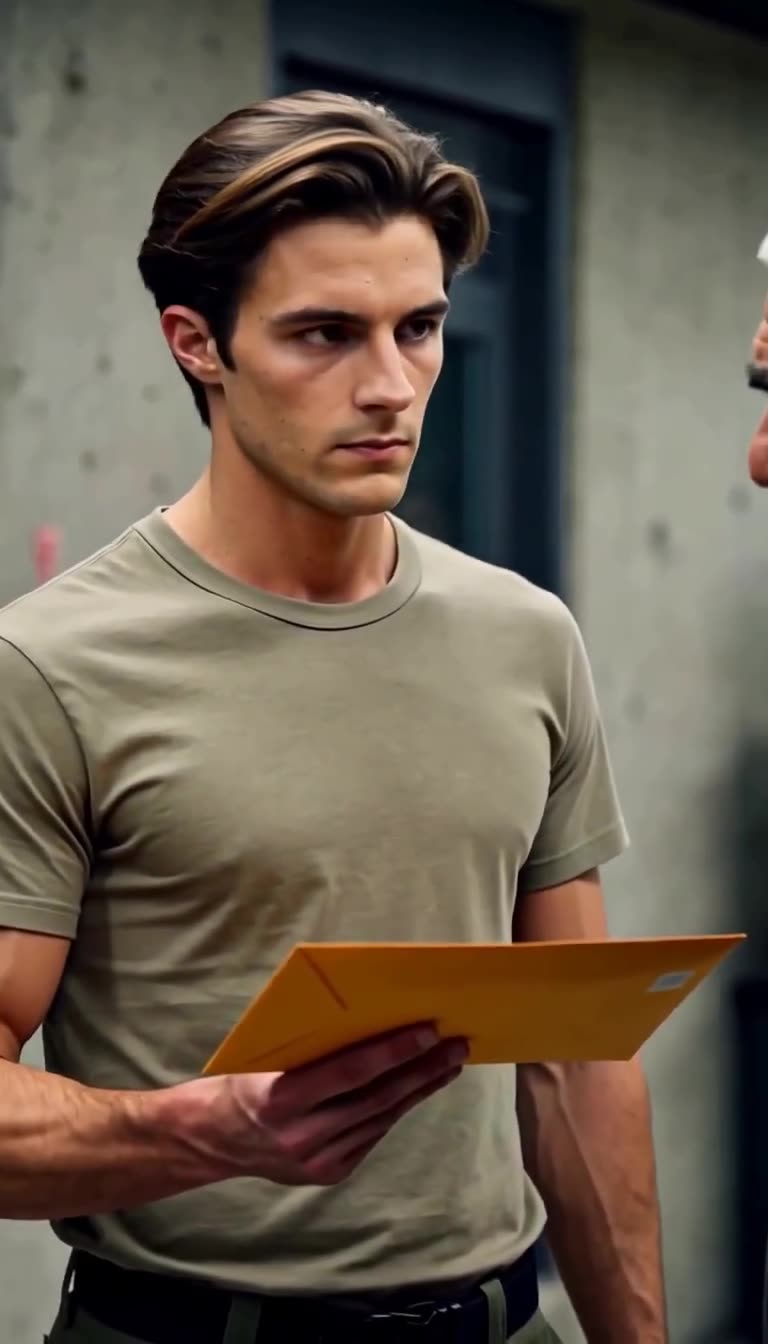 Julien holds a sealed manila envelope firmly with an intense and resolute expression.