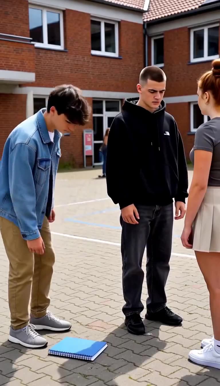 Felix hebt das heruntergefallene Notizbuch auf, während Lukas eingeschüchtert den Rückzug antritt.