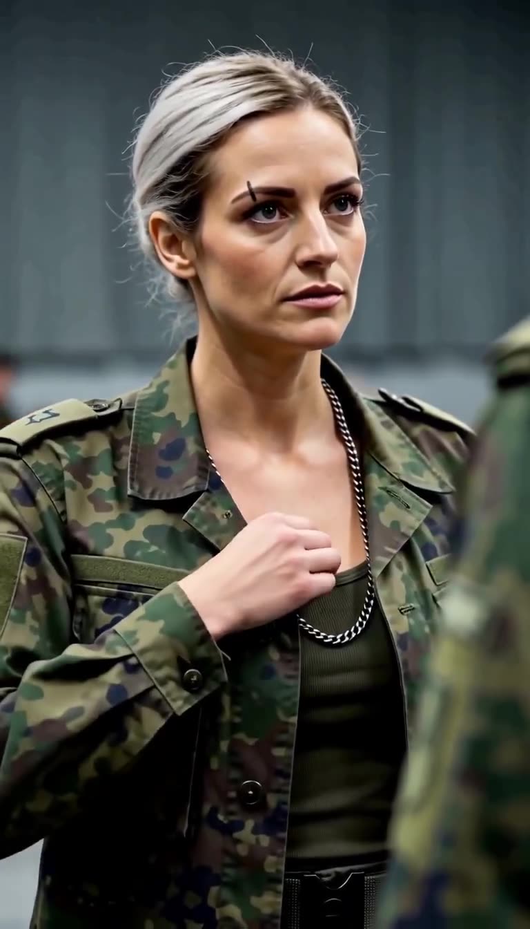Katharina greift mit gefasstem Blick unter ihren Uniformkragen und holt eine Kette mit einem Ring hervor.