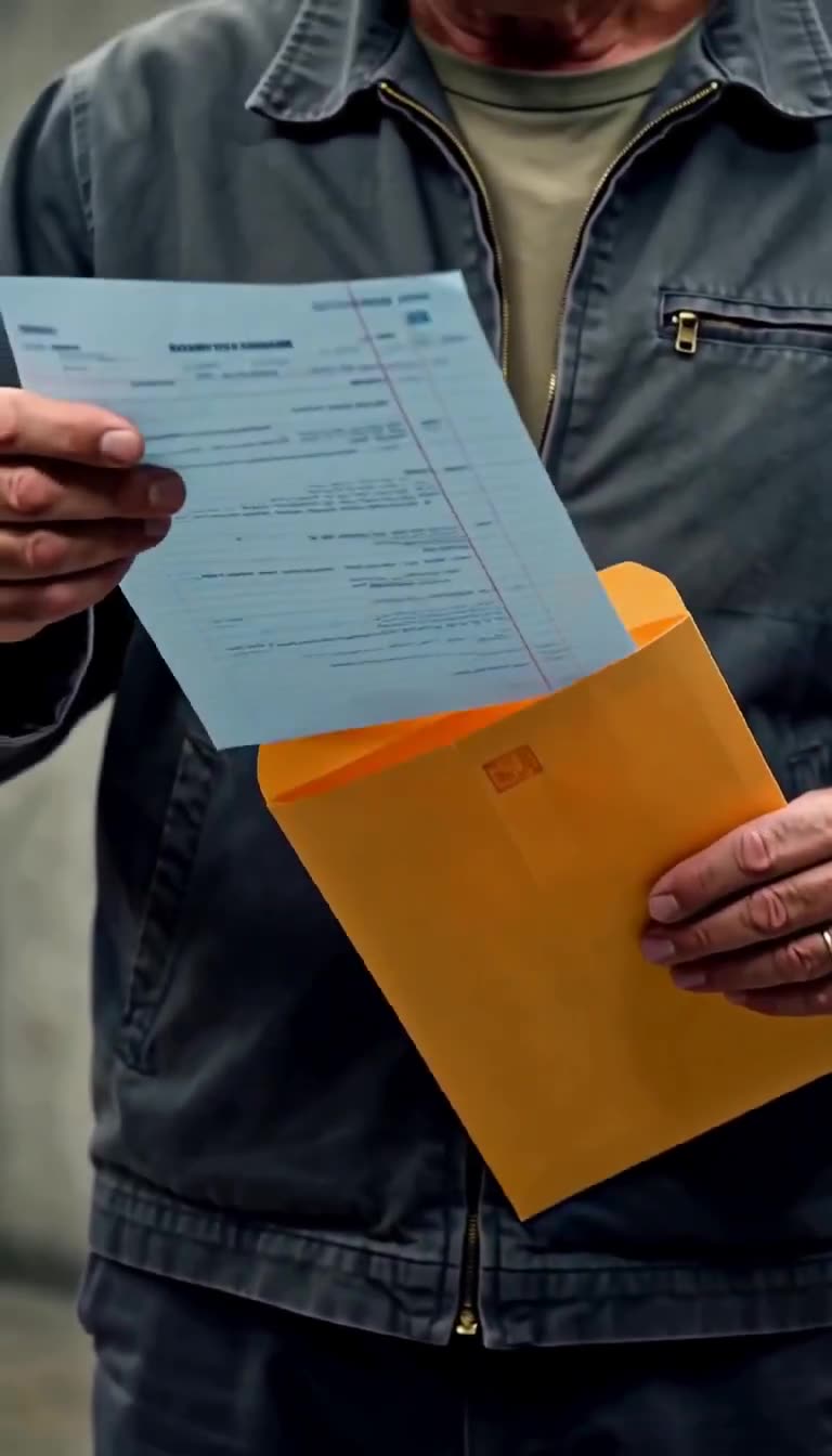 Close-up of Marc pulling a blue carbon-copy registry sheet from a manila envelope under neon lights.