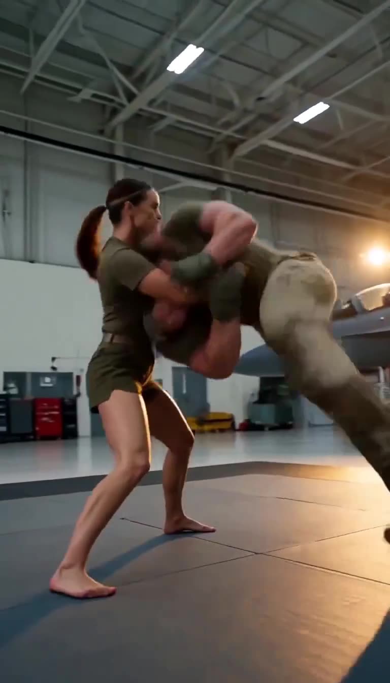 Claire Morgan executing an aggressive hip throw takedown onto the mat during hangar combat drills.