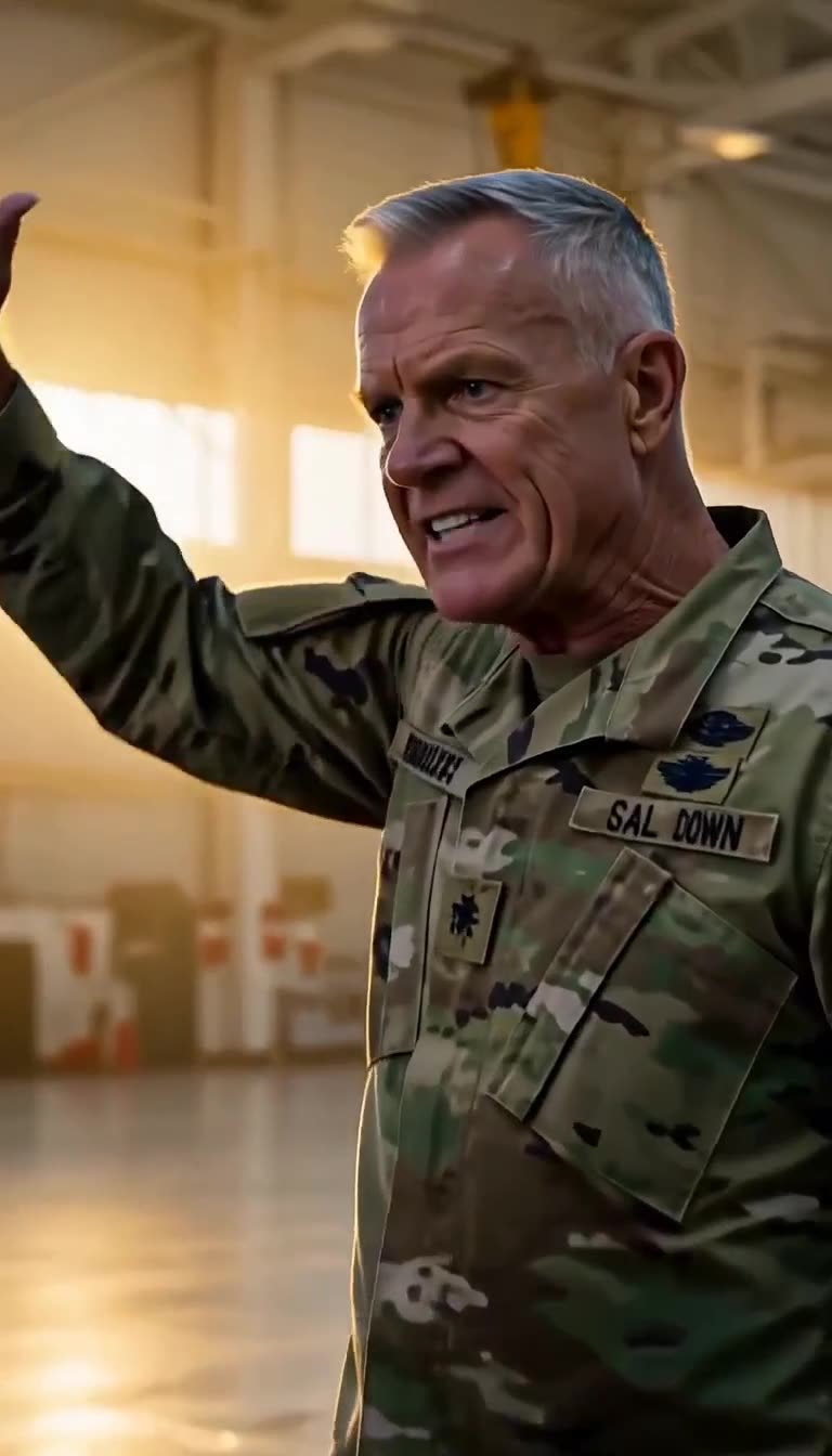 A senior military commander shouting orders with a raised hand inside a military installation.
