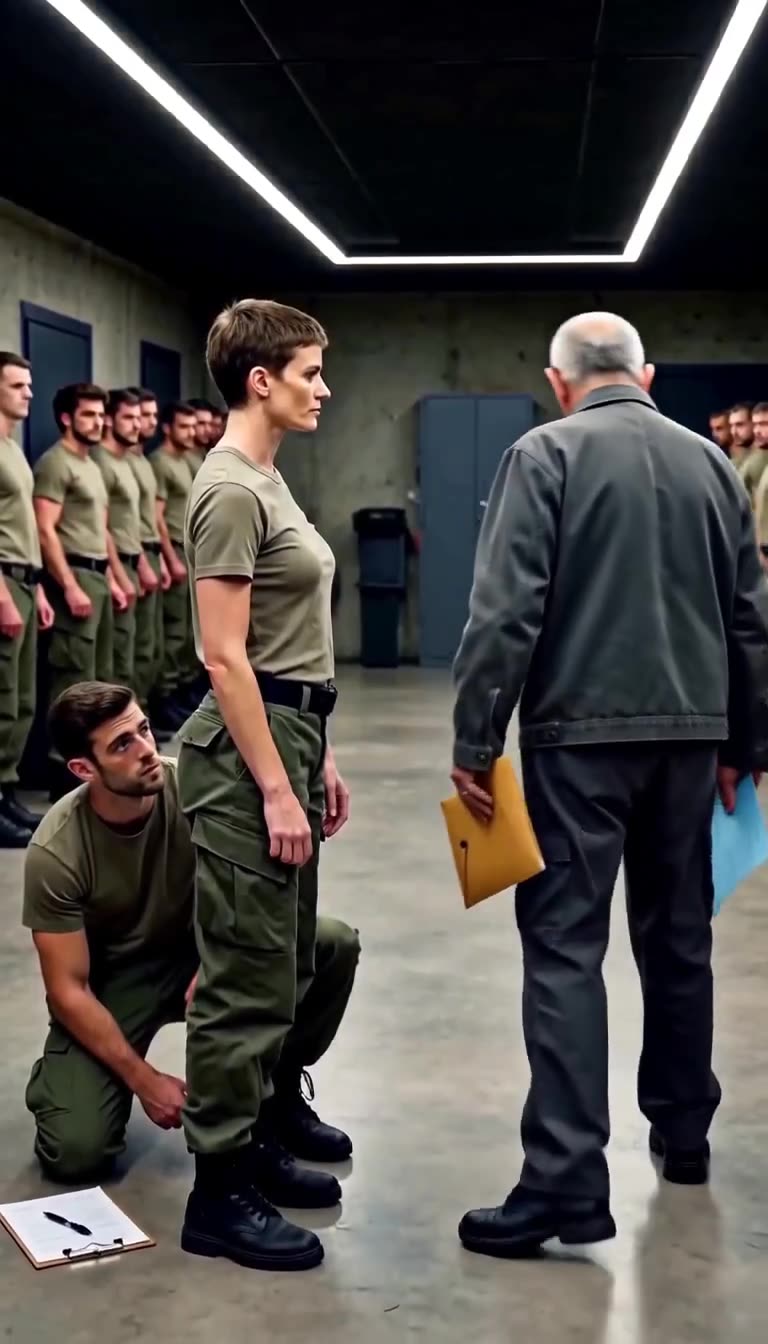 Camille standing tall in uniform as defeated commander Marc turns away with the documents