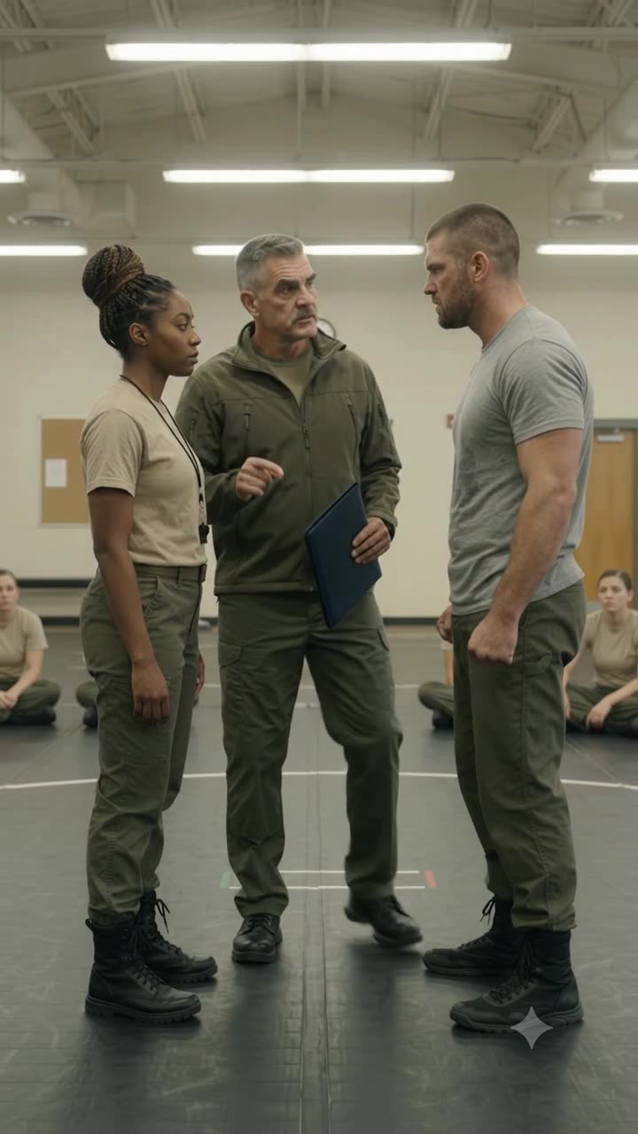 The captain steps between Maya and Brock with a blue folder to halt the confrontation.
