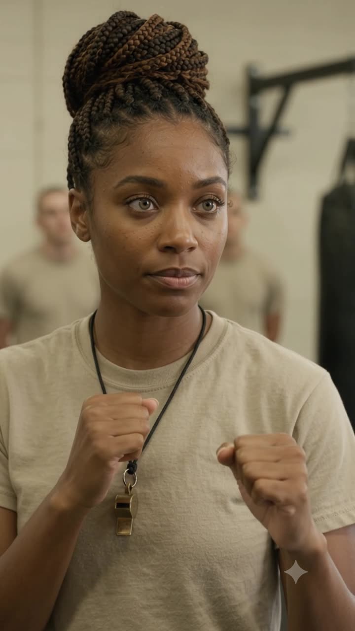 Maya holds a disciplined combat stance with a whistle around her neck, focused on her sparring partner.