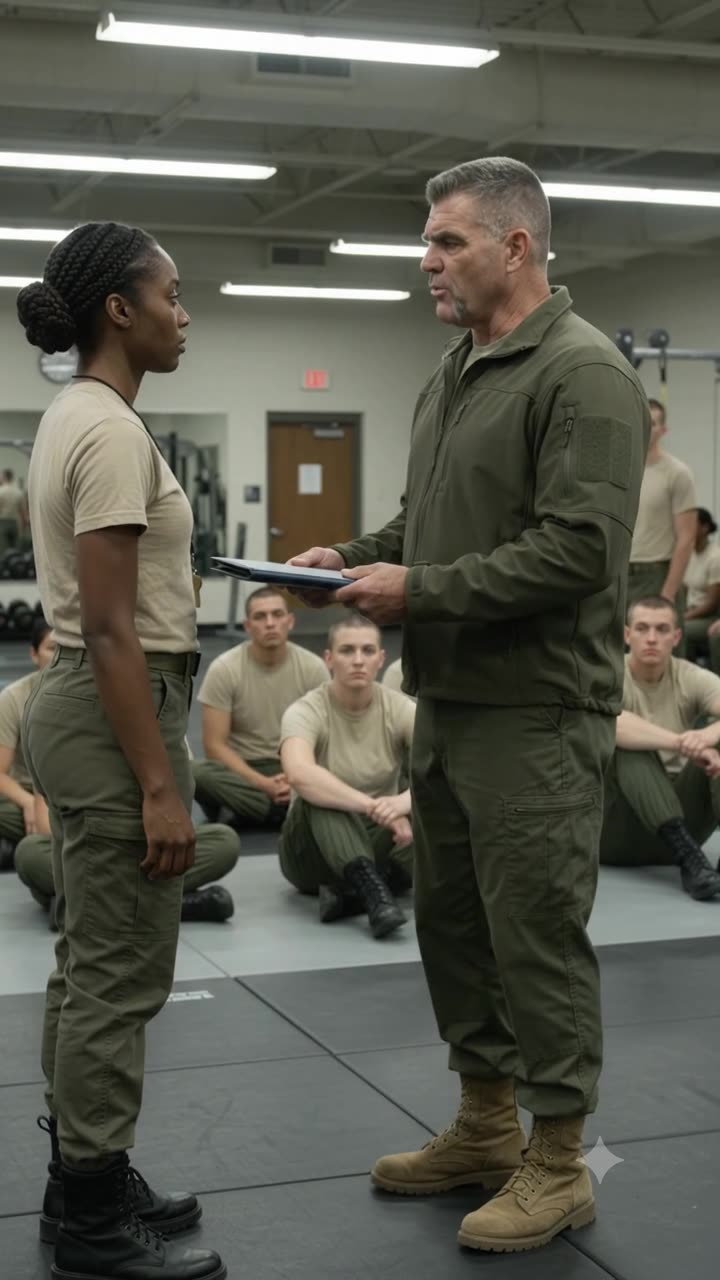 A senior military officer presenting official command documents to Maya on the training mat