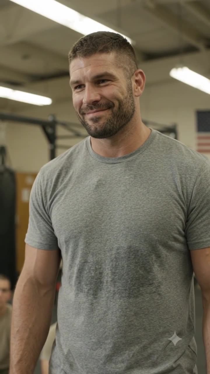 An overconfident muscular soldier smiling smugly before the combat drill