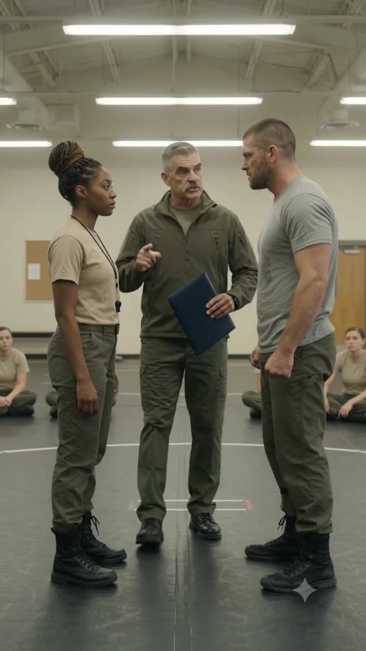 A senior military instructor standing between a female recruit and a large male soldier