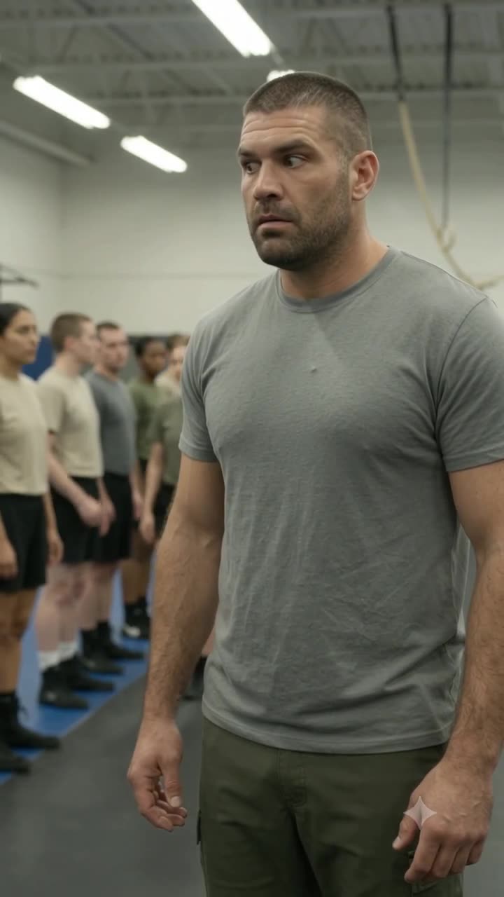 A stunned soldier turns in disbelief after underestimating his opponent during drills