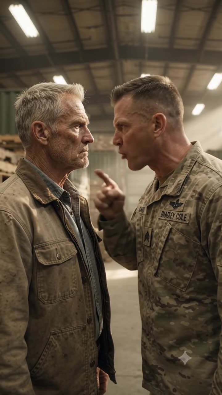 Captain Cole continues his heated verbal confrontation, leaning in close against the unyielding veteran.