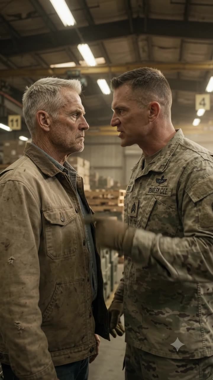 Captain Bradley Cole confronting Harold Vance aggressively in a warehouse aisle