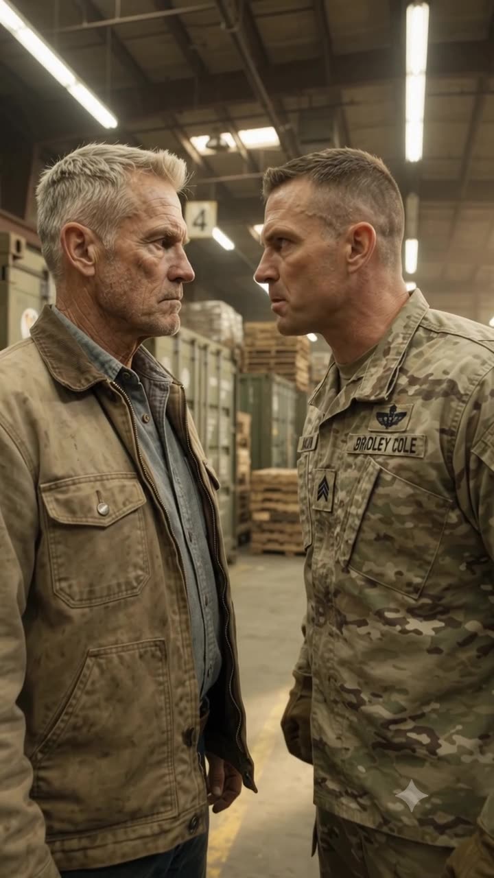 The two men lock eyes in a tense, silent faceoff beside the shipping containers.