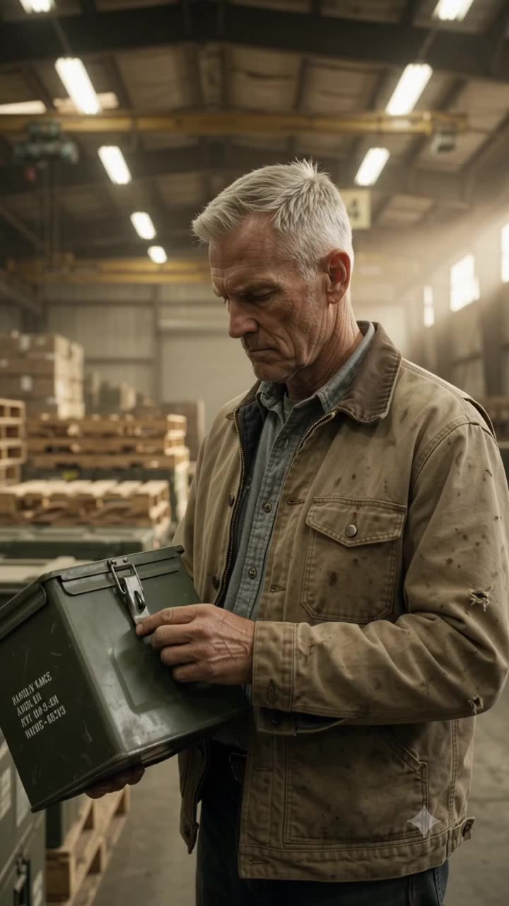 The undercover general quietly inspects a green military ammunition box amidst stacked warehouse crates.