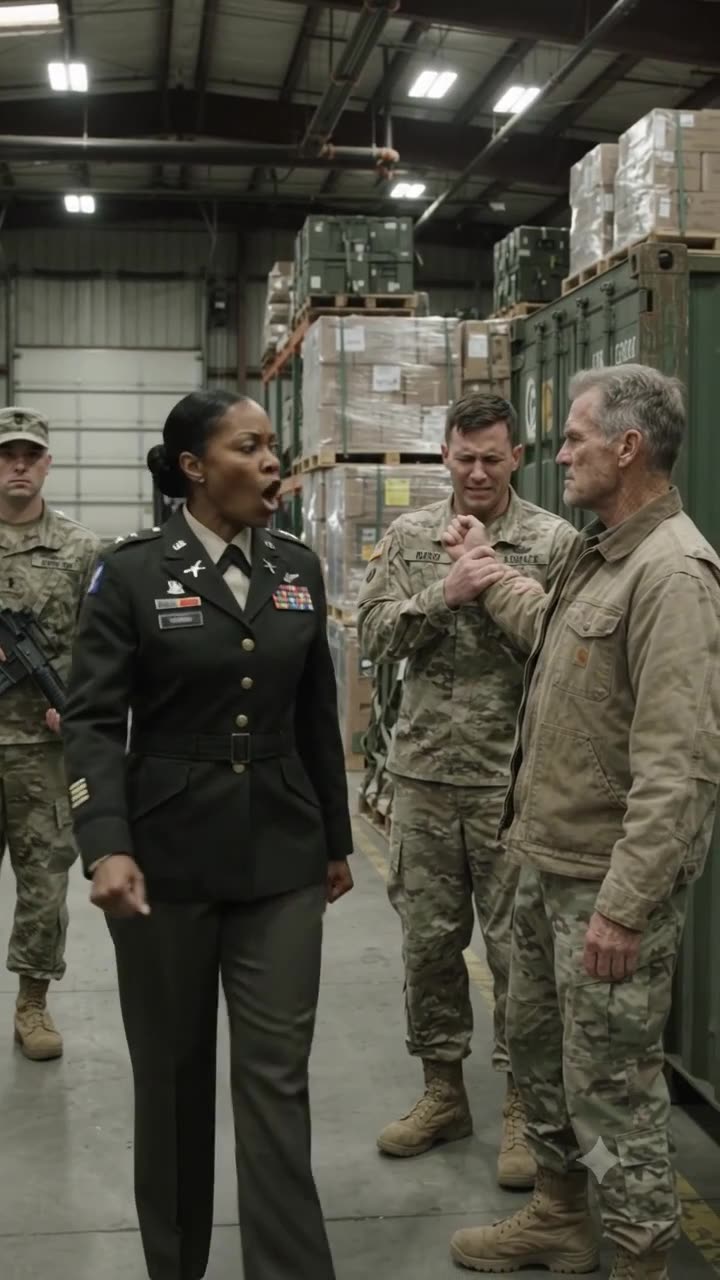 A female base commander enters the warehouse shouting orders as the terrified sergeant clutches the general's arm.