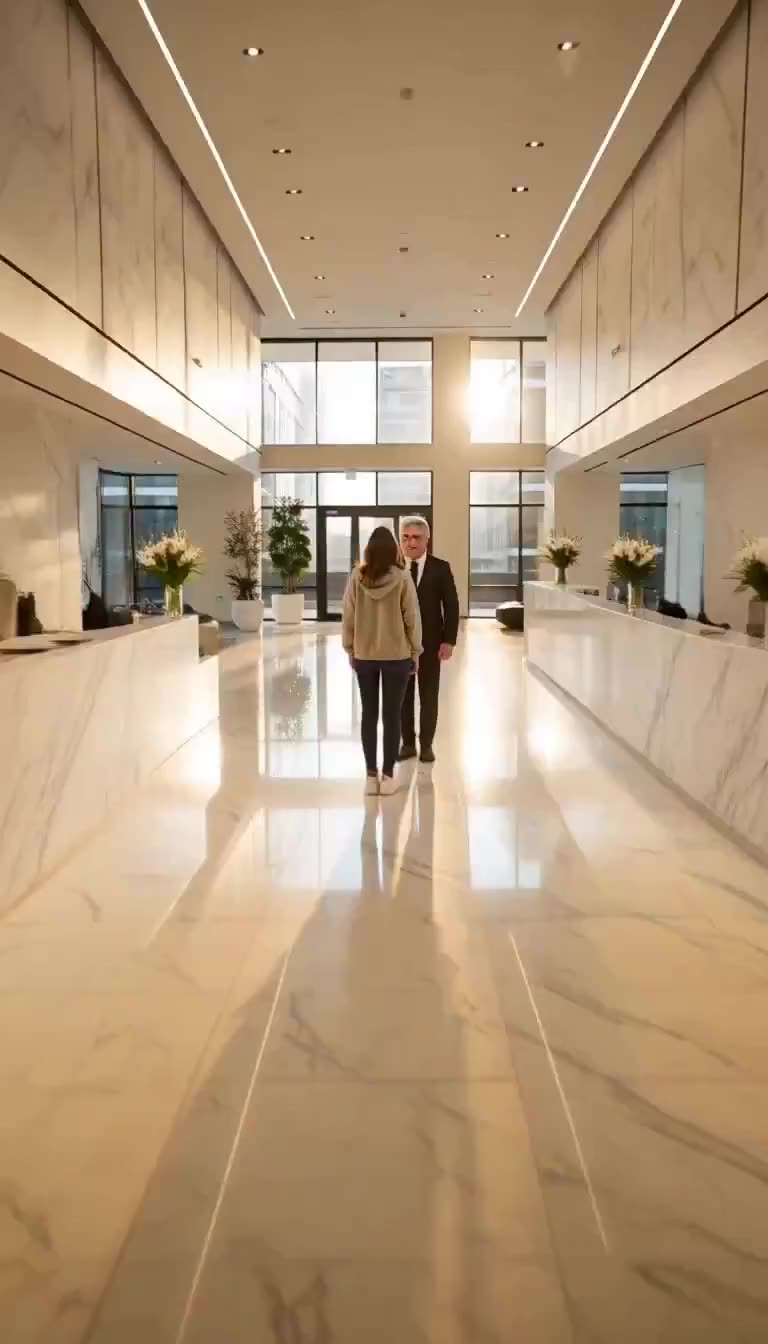 A casually dressed woman is intercepted by building security in the expansive sunlit atrium.