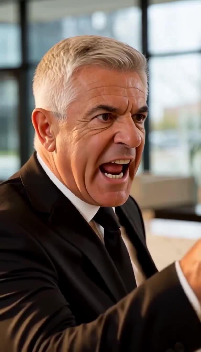 A furious corporate manager shouts down an unwanted visitor in the tower lobby.