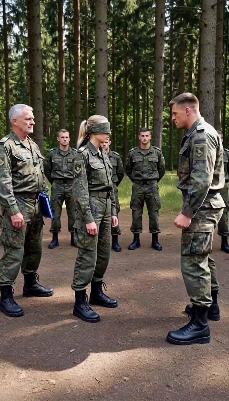 Eine blindgeführte Soldatin steht in Uniform vor ihrem Ausbilder im Beisein des Bataillonskommandanten.