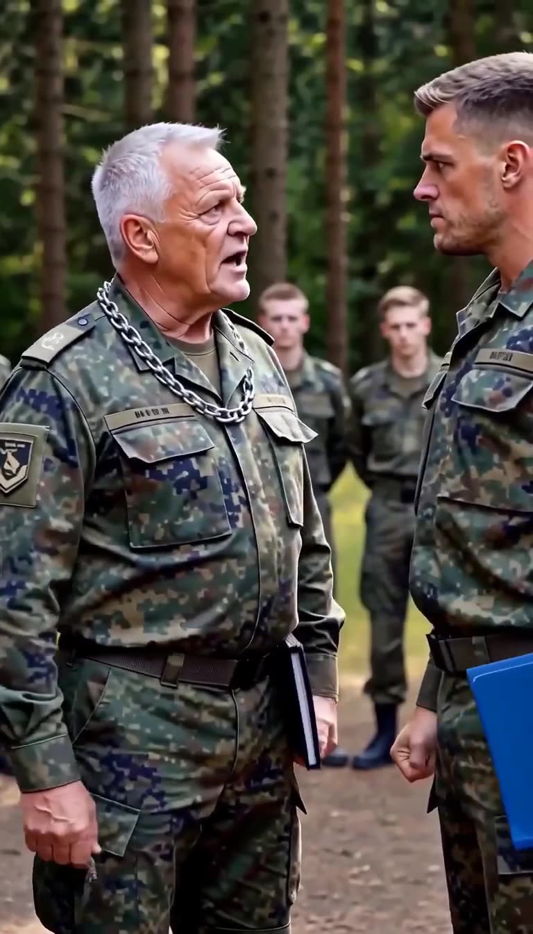 Der Vorgesetzte weist den muskelbepackten Soldaten im Militärcamp streng zurecht