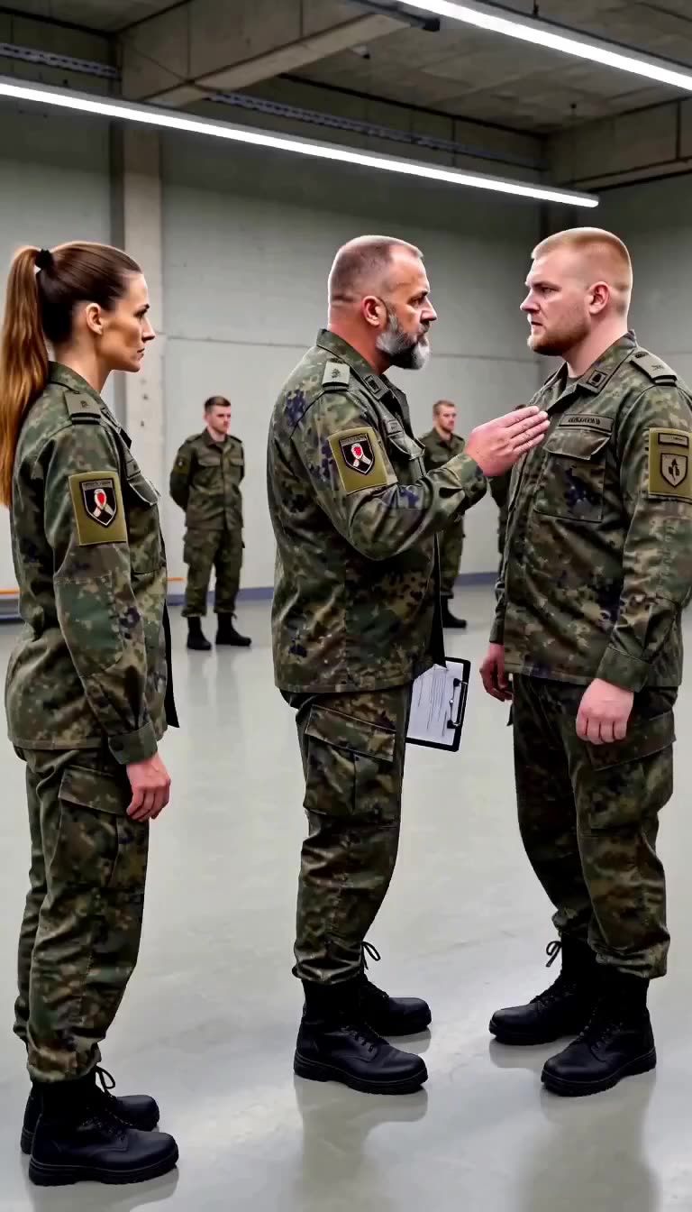 Ausbilder maßregelt den Soldaten vor der disziplinierten Soldatin in der Halle