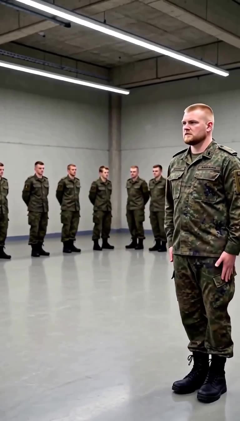 Der Rekrut steht nach dem Vorfall stramm vor den angetretenen Soldaten