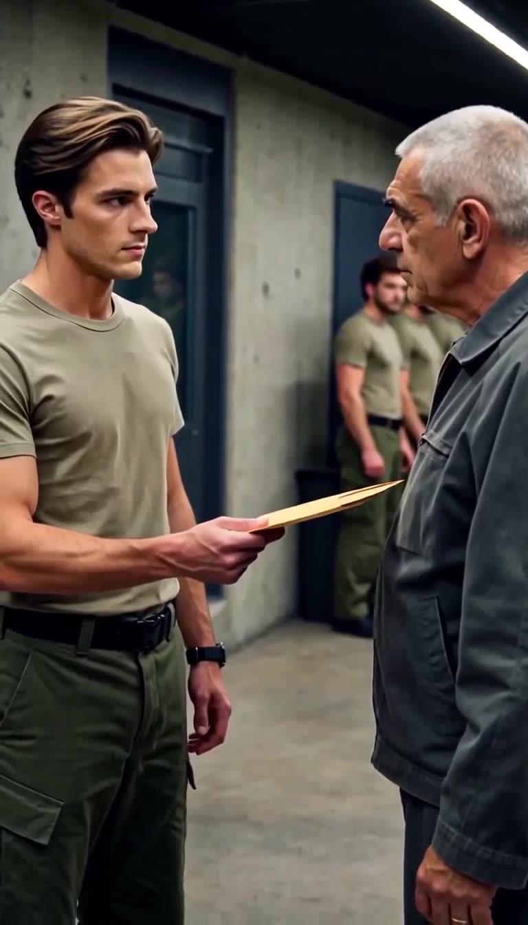 A male recruit confronts Sergeant Morel directly by handing him a sealed yellow envelope.