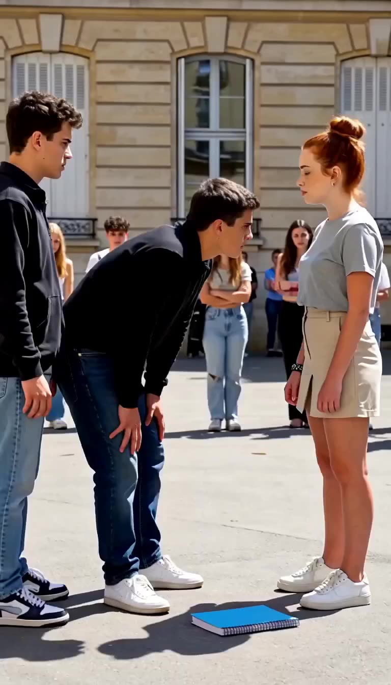 Maxime leaning forward to confront a calm red-haired student in the courtyard.