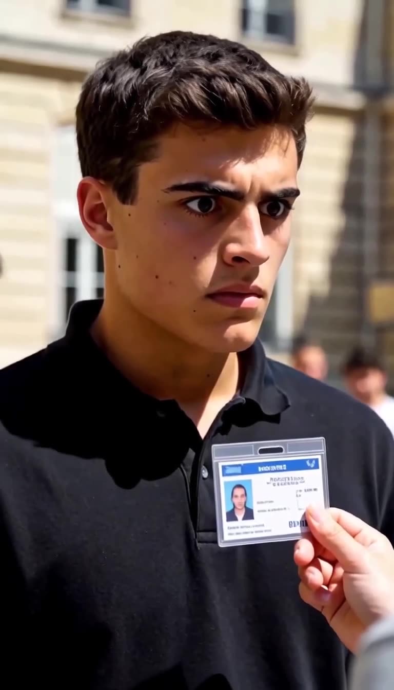 Maxime staring in total shock at an official identification badge held in front of him.